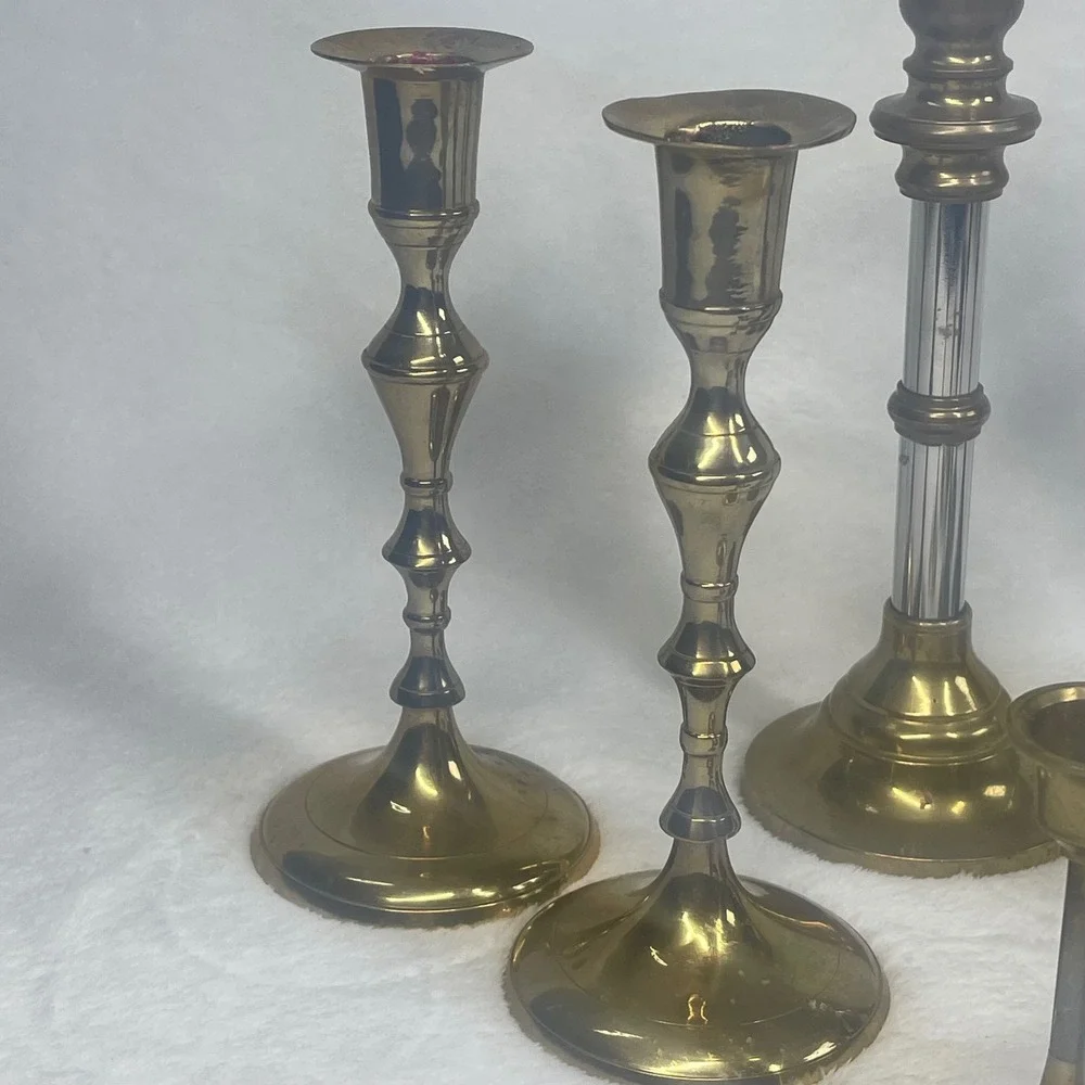 Vintage Brass Candle Holder Set of 8 Mixed Heights Etched Floral Chamberstick